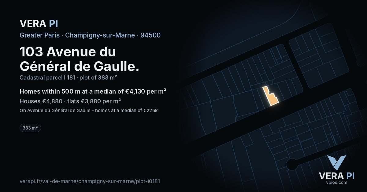 103 Avenue du Général de Gaulle, Champigny-sur-Marne at night – the plot lit, the parcels around coloured by the prices near them