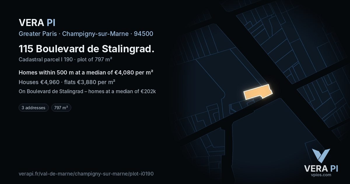 115 Boulevard de Stalingrad, Champigny-sur-Marne at night – the plot lit, the parcels around coloured by the prices near them