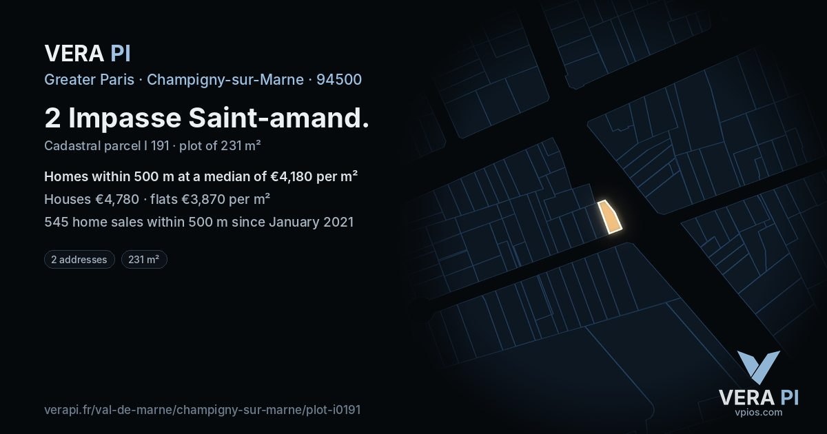 2 Impasse Saint-amand, Champigny-sur-Marne at night – the plot lit, the parcels around coloured by the prices near them