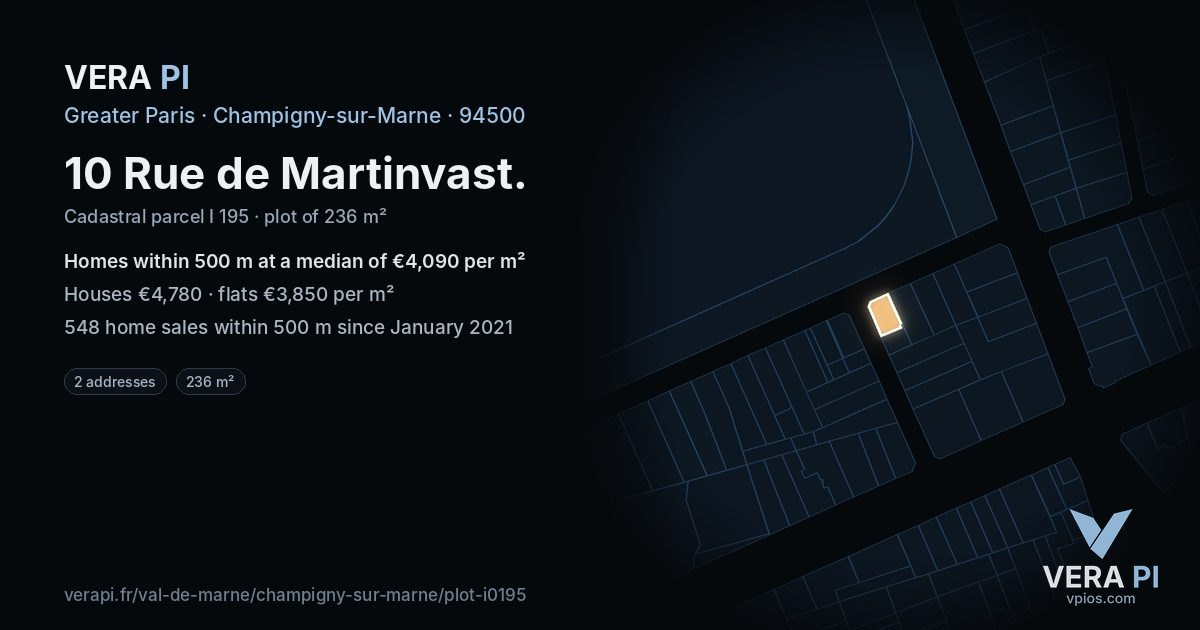 10 Rue de Martinvast, Champigny-sur-Marne at night – the plot lit, the parcels around coloured by the prices near them