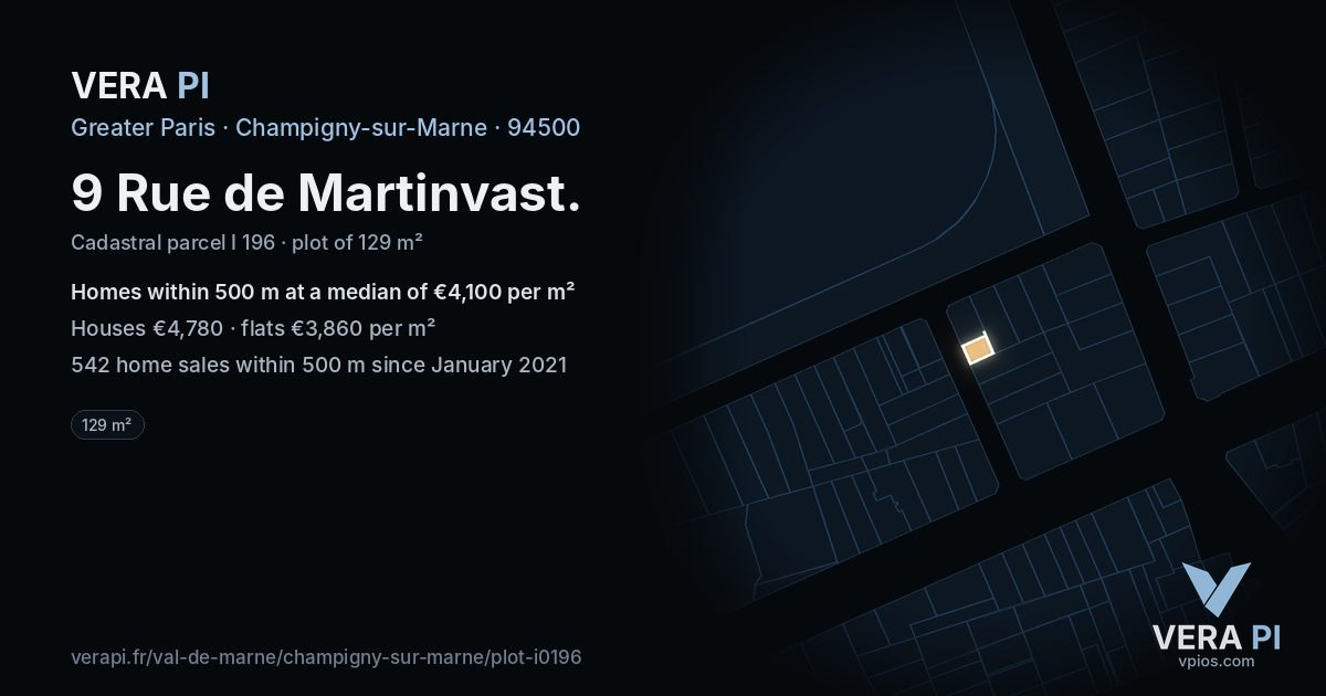 9 Rue de Martinvast, Champigny-sur-Marne at night – the plot lit, the parcels around coloured by the prices near them