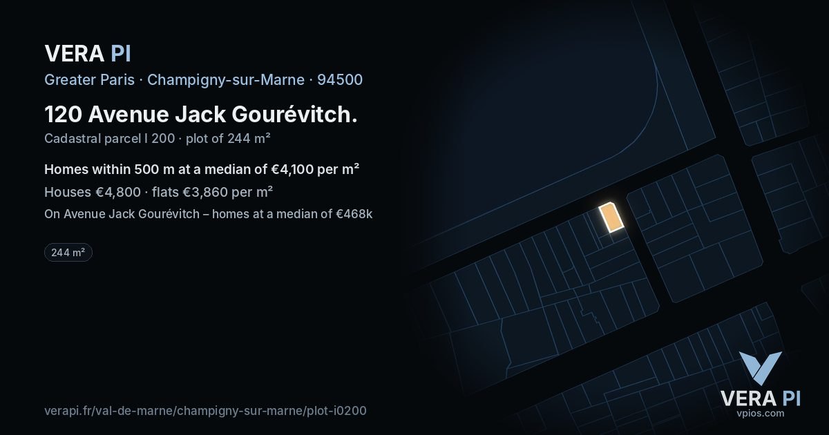 120 Avenue Jack Gourévitch, Champigny-sur-Marne at night – the plot lit, the parcels around coloured by the prices near them