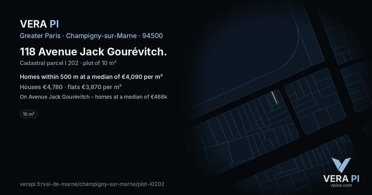 118 Avenue Jack Gourévitch, Champigny-sur-Marne at night – the plot lit, the parcels around coloured by the prices near them