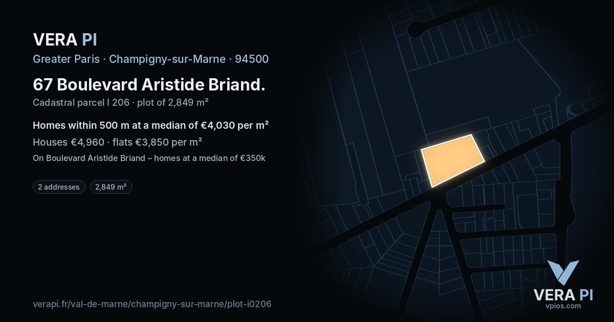 67 Boulevard Aristide Briand, Champigny-sur-Marne at night – the plot lit, the parcels around coloured by the prices near them
