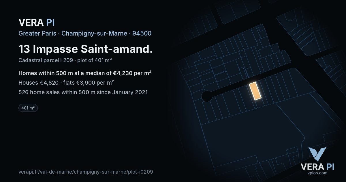 13 Impasse Saint-amand, Champigny-sur-Marne at night – the plot lit, the parcels around coloured by the prices near them