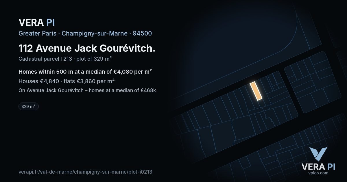 112 Avenue Jack Gourévitch, Champigny-sur-Marne at night – the plot lit, the parcels around coloured by the prices near them