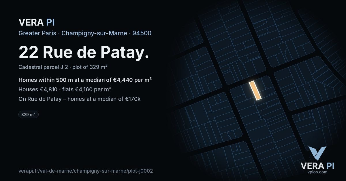 22 Rue de Patay, Champigny-sur-Marne at night – the plot lit, the parcels around coloured by the prices near them
