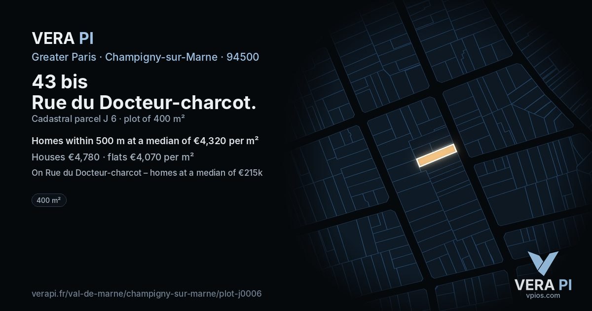 43 bis Rue du Docteur-charcot, Champigny-sur-Marne at night – the plot lit, the parcels around coloured by the prices near them