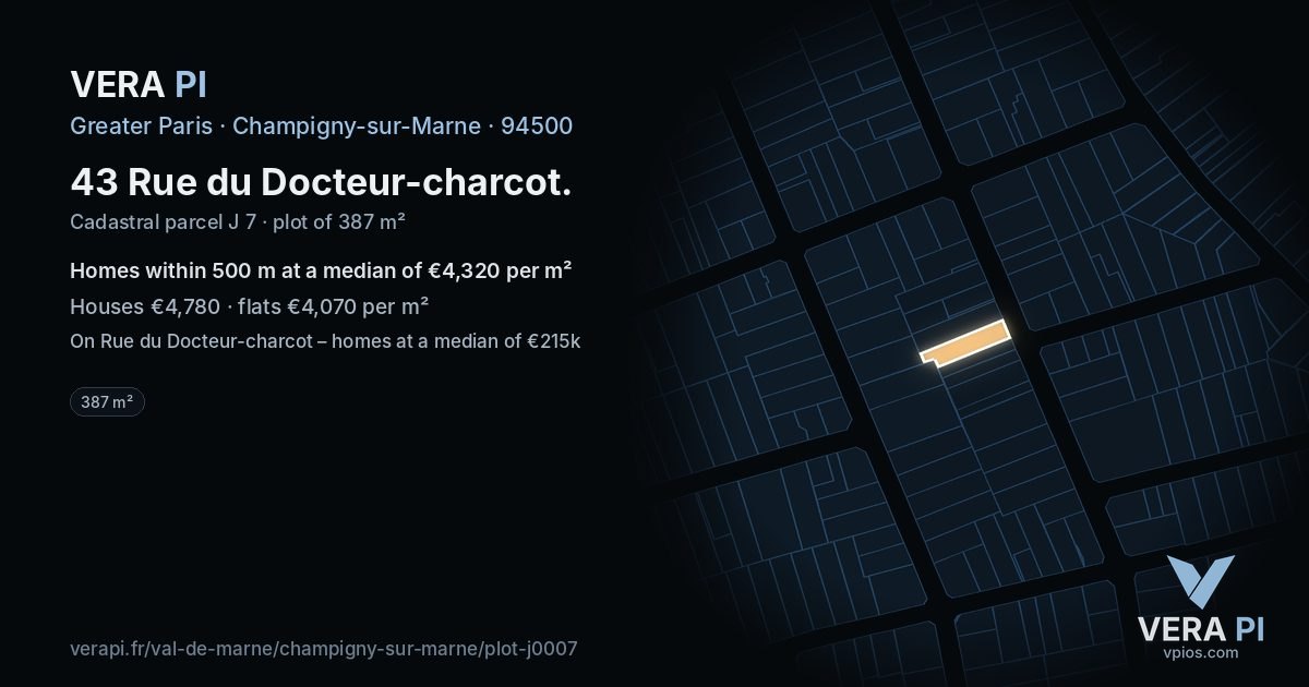 43 Rue du Docteur-charcot, Champigny-sur-Marne at night – the plot lit, the parcels around coloured by the prices near them