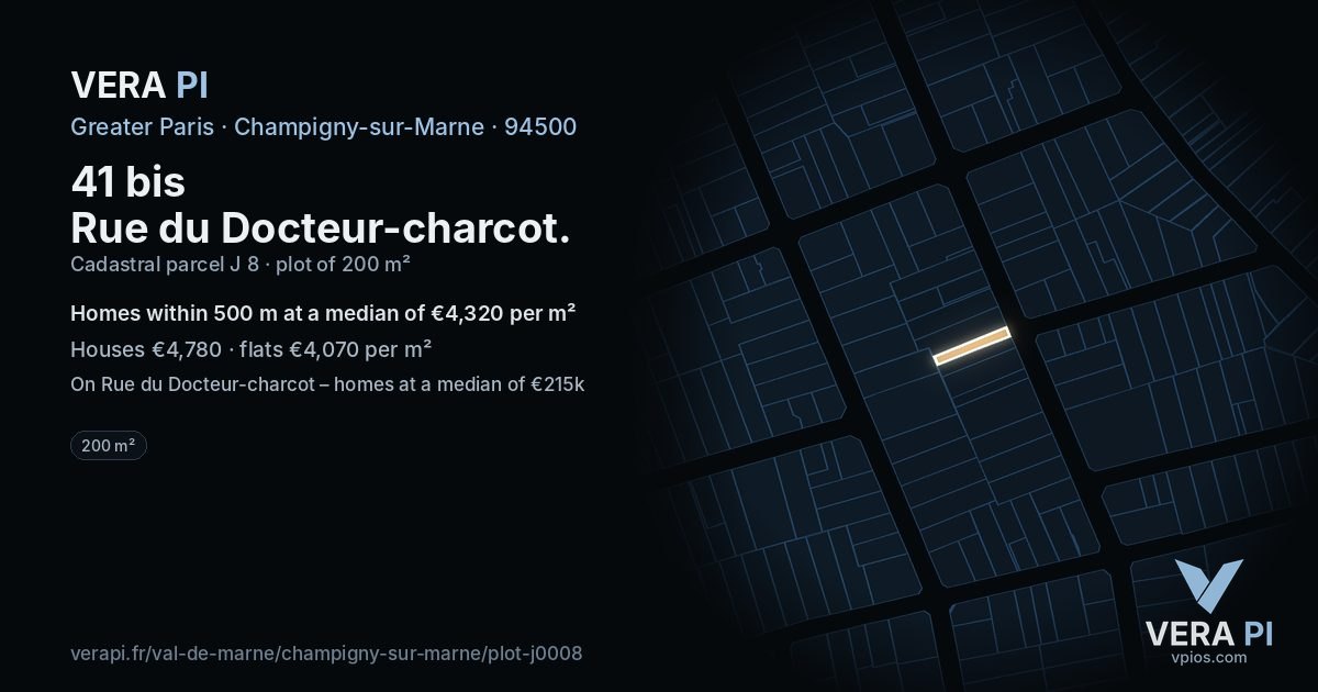 41 bis Rue du Docteur-charcot, Champigny-sur-Marne at night – the plot lit, the parcels around coloured by the prices near them