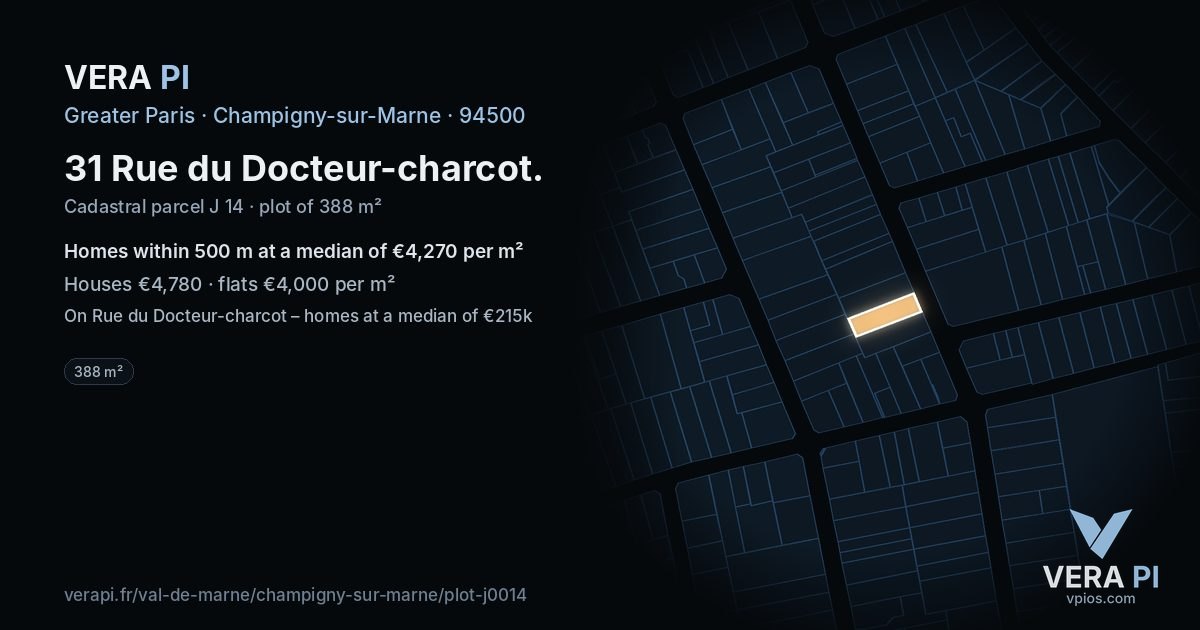 31 Rue du Docteur-charcot, Champigny-sur-Marne at night – the plot lit, the parcels around coloured by the prices near them