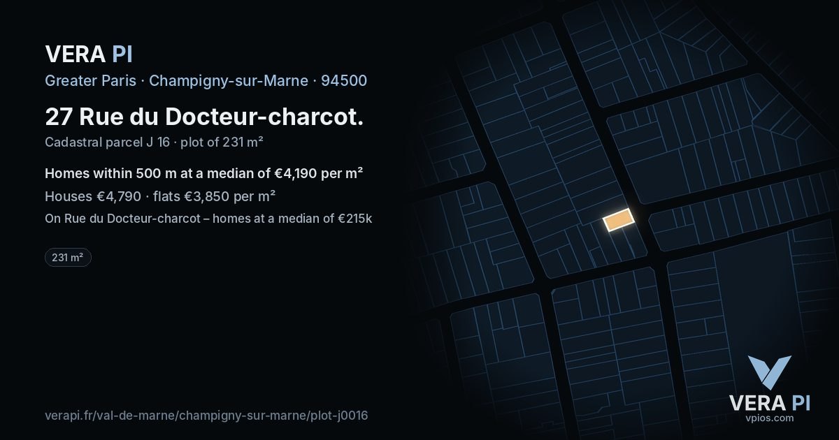 27 Rue du Docteur-charcot, Champigny-sur-Marne at night – the plot lit, the parcels around coloured by the prices near them