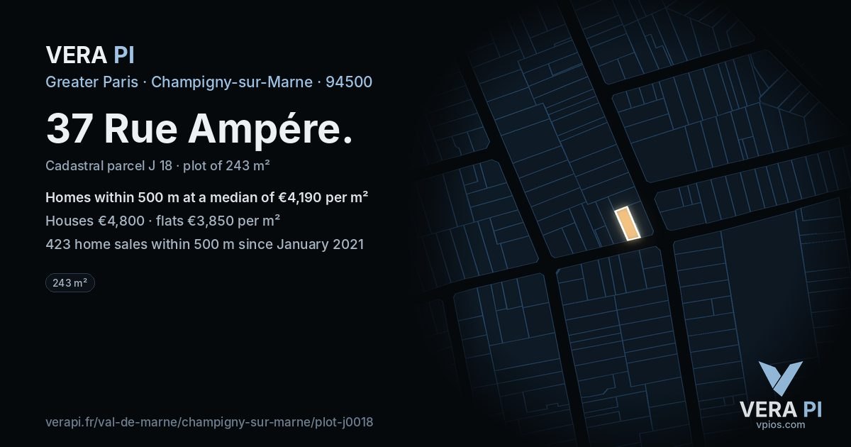 37 Rue Ampére, Champigny-sur-Marne at night – the plot lit, the parcels around coloured by the prices near them