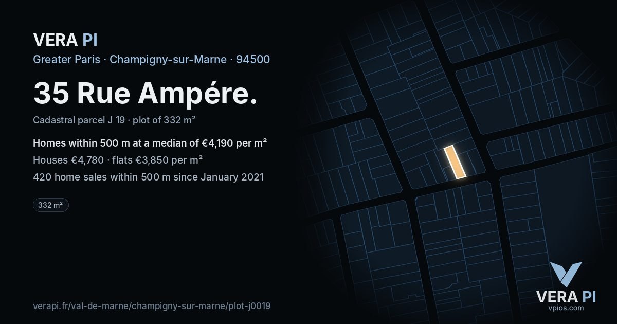 35 Rue Ampére, Champigny-sur-Marne at night – the plot lit, the parcels around coloured by the prices near them