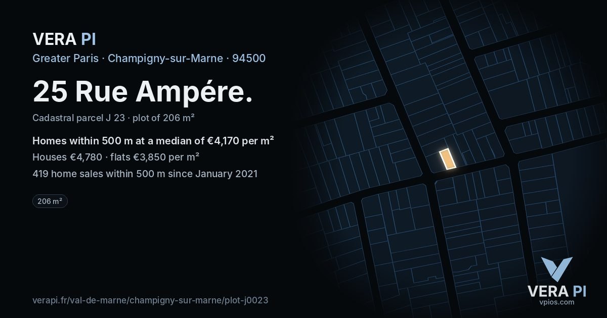 25 Rue Ampére, Champigny-sur-Marne at night – the plot lit, the parcels around coloured by the prices near them