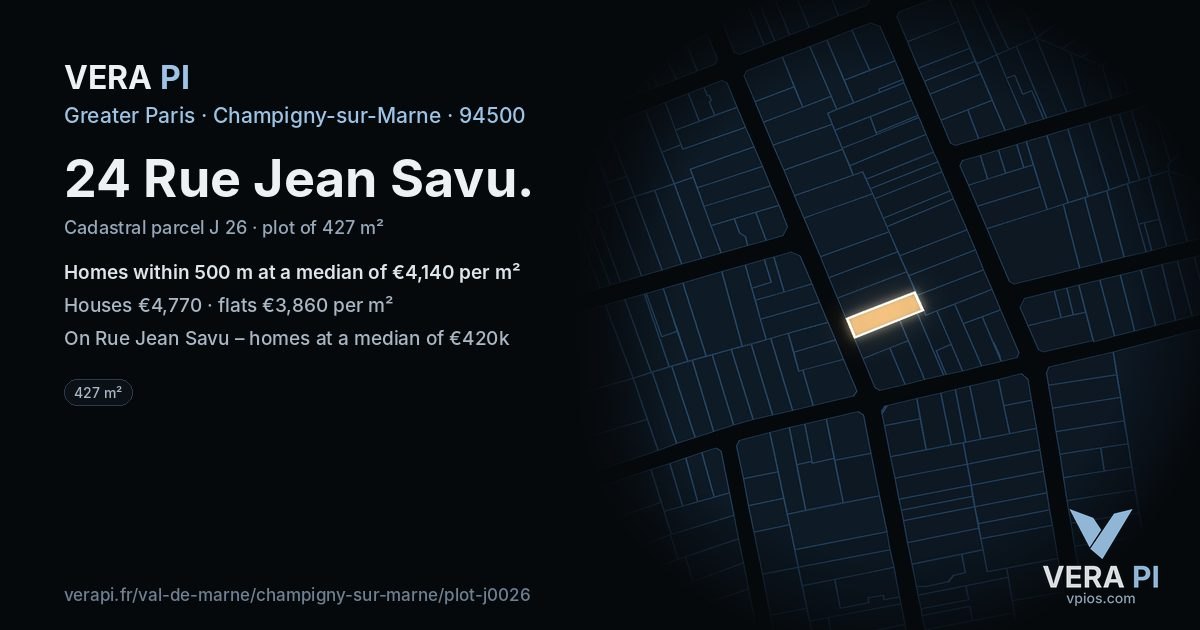 24 Rue Jean Savu, Champigny-sur-Marne at night – the plot lit, the parcels around coloured by the prices near them