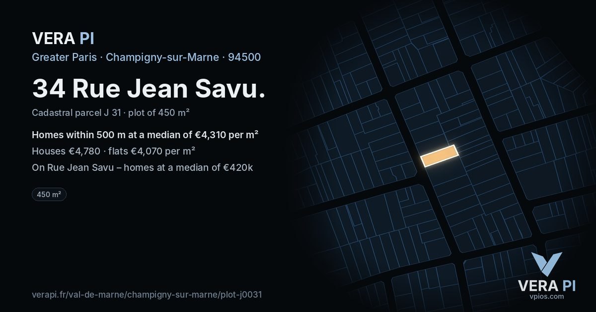 34 Rue Jean Savu, Champigny-sur-Marne at night – the plot lit, the parcels around coloured by the prices near them
