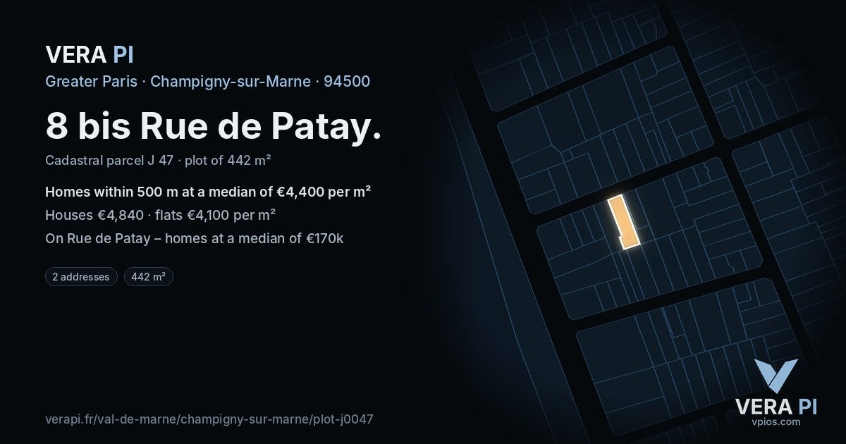 8 bis Rue de Patay, Champigny-sur-Marne at night – the plot lit, the parcels around coloured by the prices near them