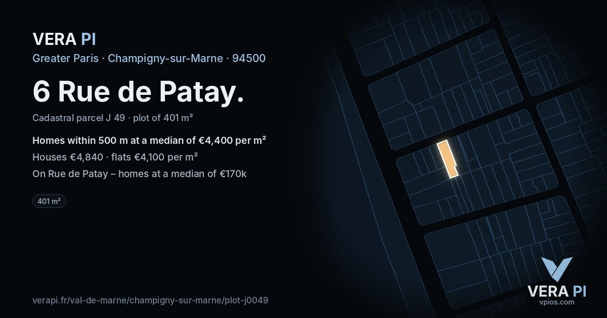 6 Rue de Patay, Champigny-sur-Marne at night – the plot lit, the parcels around coloured by the prices near them