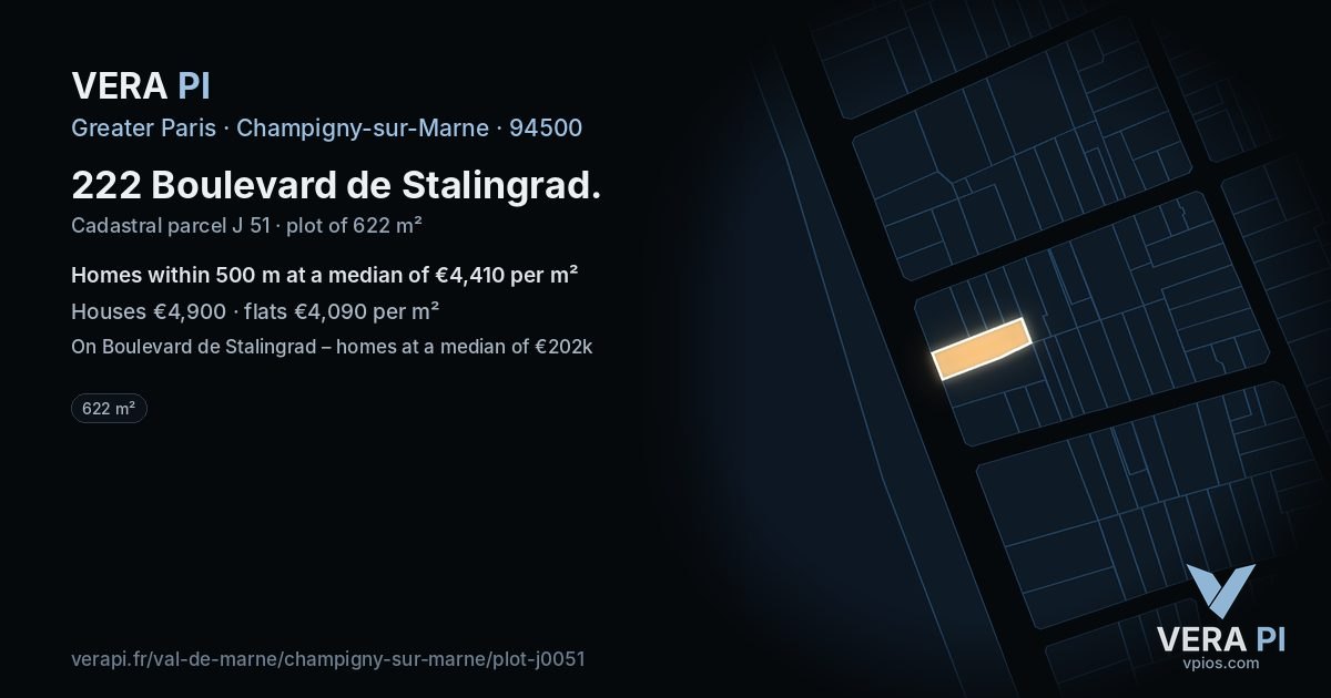 222 Boulevard de Stalingrad, Champigny-sur-Marne at night – the plot lit, the parcels around coloured by the prices near them