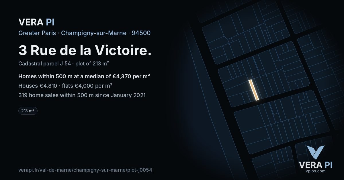 3 Rue de la Victoire, Champigny-sur-Marne at night – the plot lit, the parcels around coloured by the prices near them