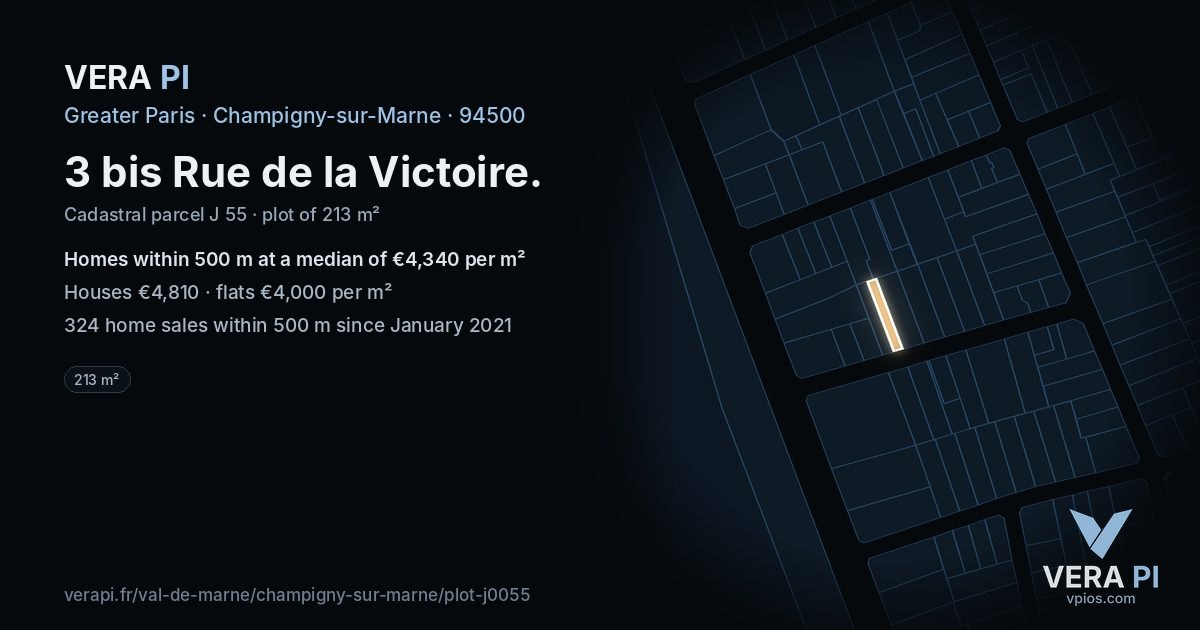 3 bis Rue de la Victoire, Champigny-sur-Marne at night – the plot lit, the parcels around coloured by the prices near them