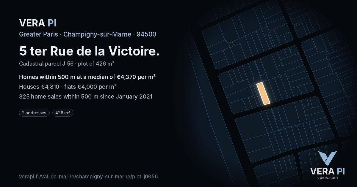 5 ter Rue de la Victoire, Champigny-sur-Marne at night – the plot lit, the parcels around coloured by the prices near them