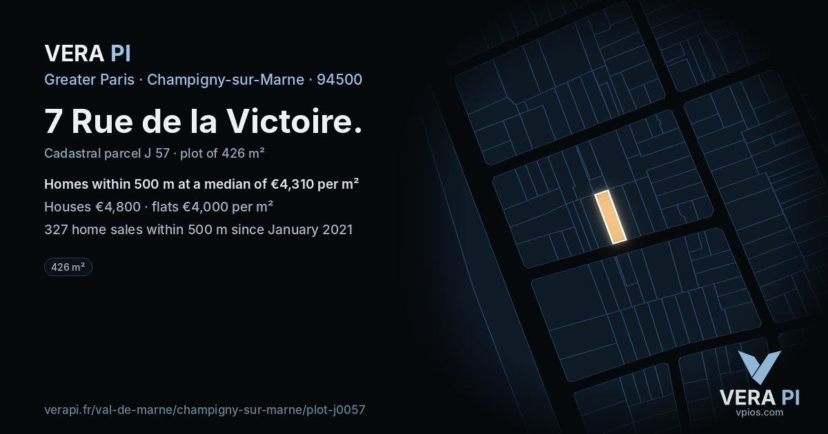 7 Rue de la Victoire, Champigny-sur-Marne at night – the plot lit, the parcels around coloured by the prices near them