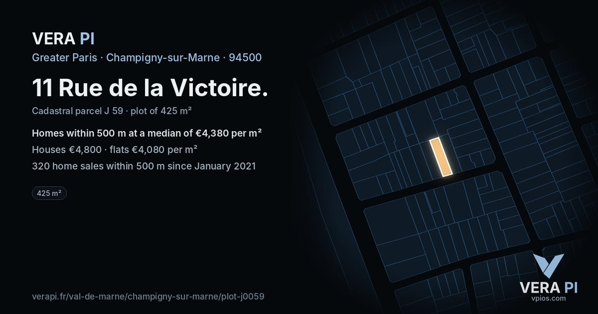 11 Rue de la Victoire, Champigny-sur-Marne at night – the plot lit, the parcels around coloured by the prices near them