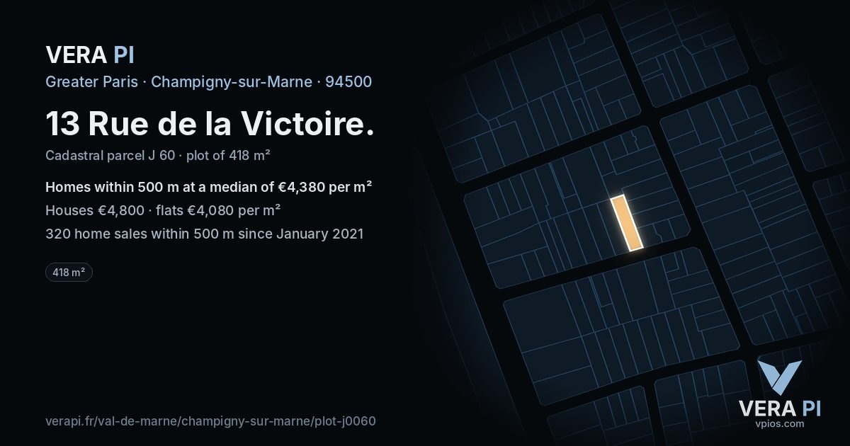 13 Rue de la Victoire, Champigny-sur-Marne at night – the plot lit, the parcels around coloured by the prices near them