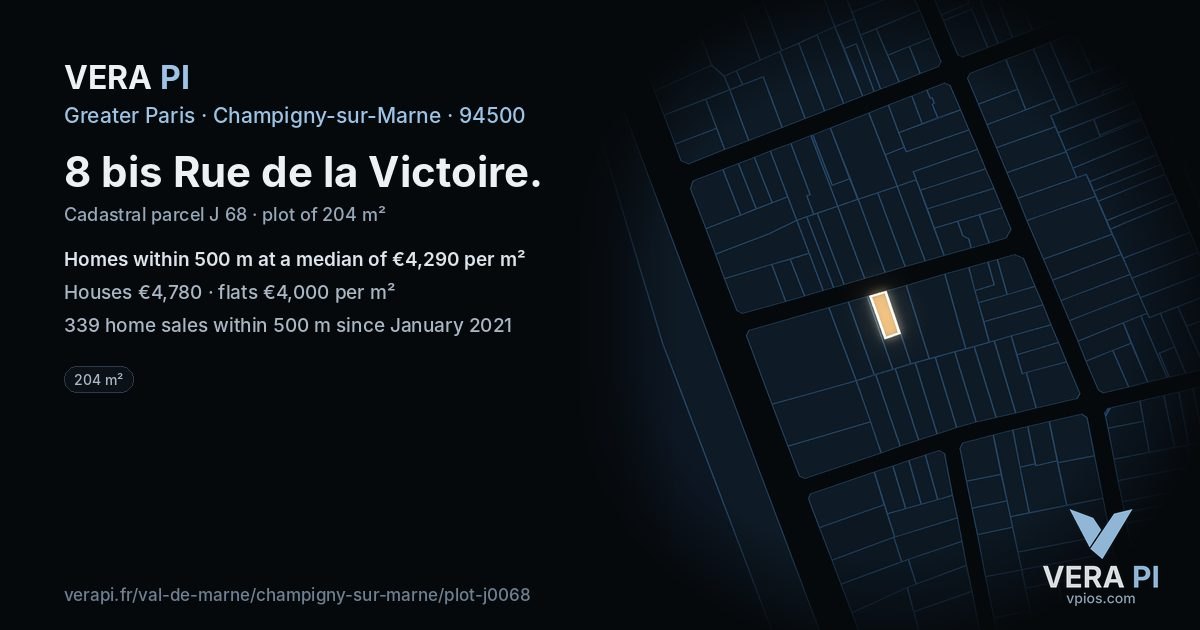 8 bis Rue de la Victoire, Champigny-sur-Marne at night – the plot lit, the parcels around coloured by the prices near them