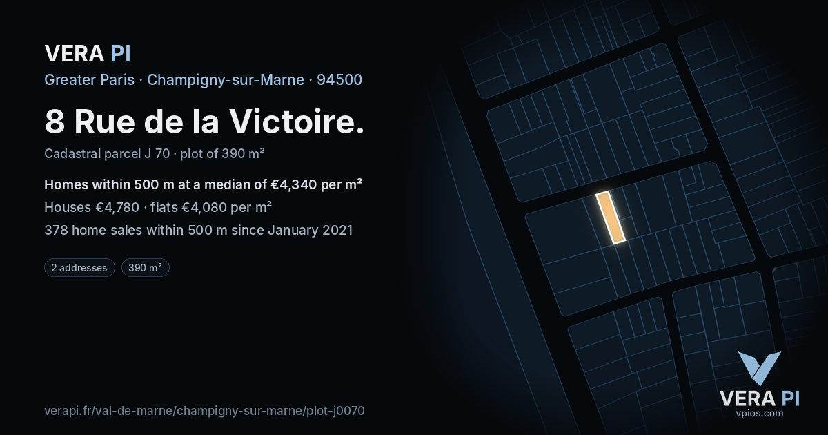 8 Rue de la Victoire, Champigny-sur-Marne at night – the plot lit, the parcels around coloured by the prices near them