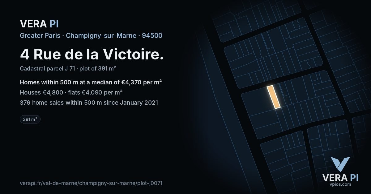 4 Rue de la Victoire, Champigny-sur-Marne at night – the plot lit, the parcels around coloured by the prices near them