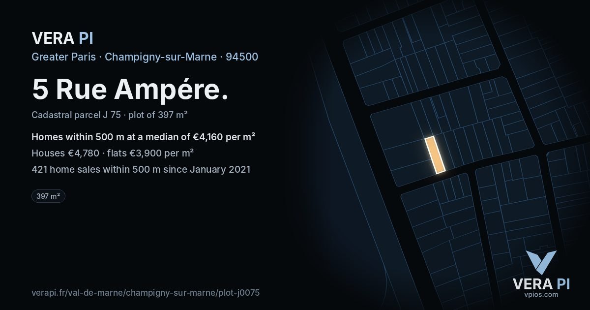 5 Rue Ampére, Champigny-sur-Marne at night – the plot lit, the parcels around coloured by the prices near them