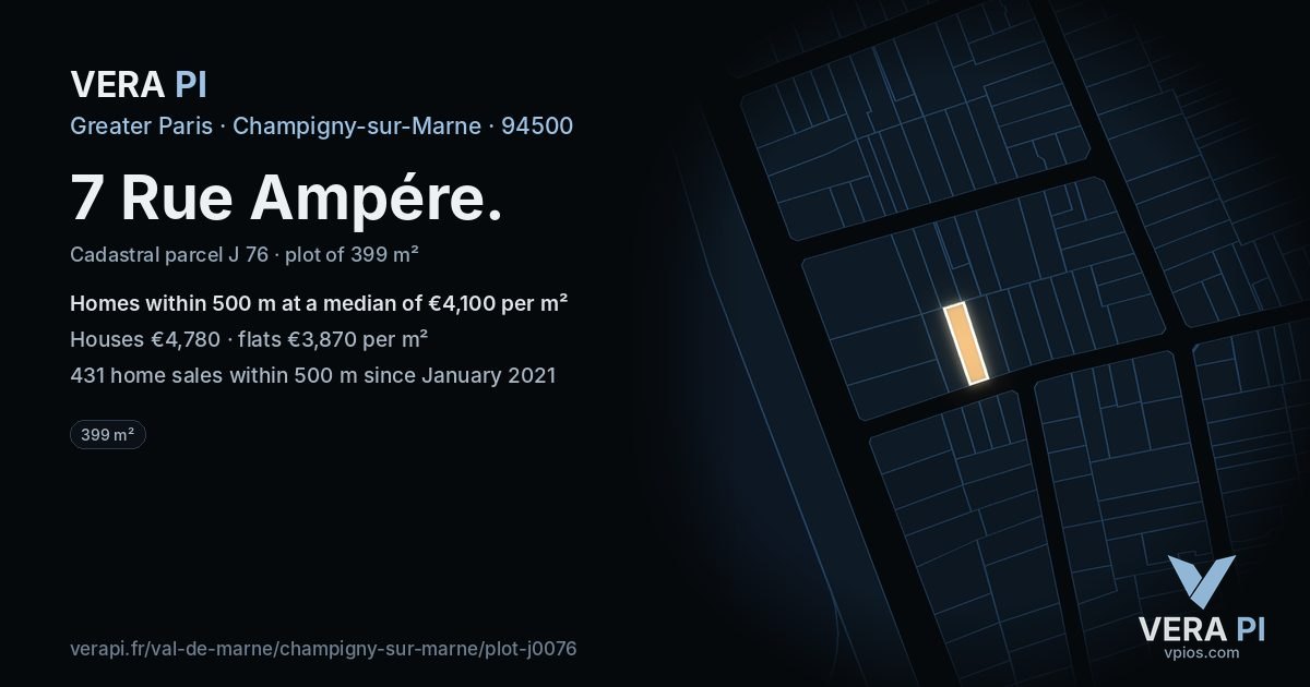 7 Rue Ampére, Champigny-sur-Marne at night – the plot lit, the parcels around coloured by the prices near them