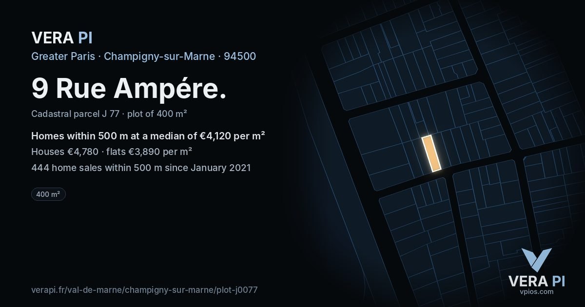 9 Rue Ampére, Champigny-sur-Marne at night – the plot lit, the parcels around coloured by the prices near them