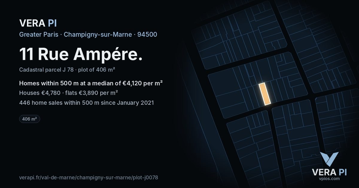 11 Rue Ampére, Champigny-sur-Marne at night – the plot lit, the parcels around coloured by the prices near them