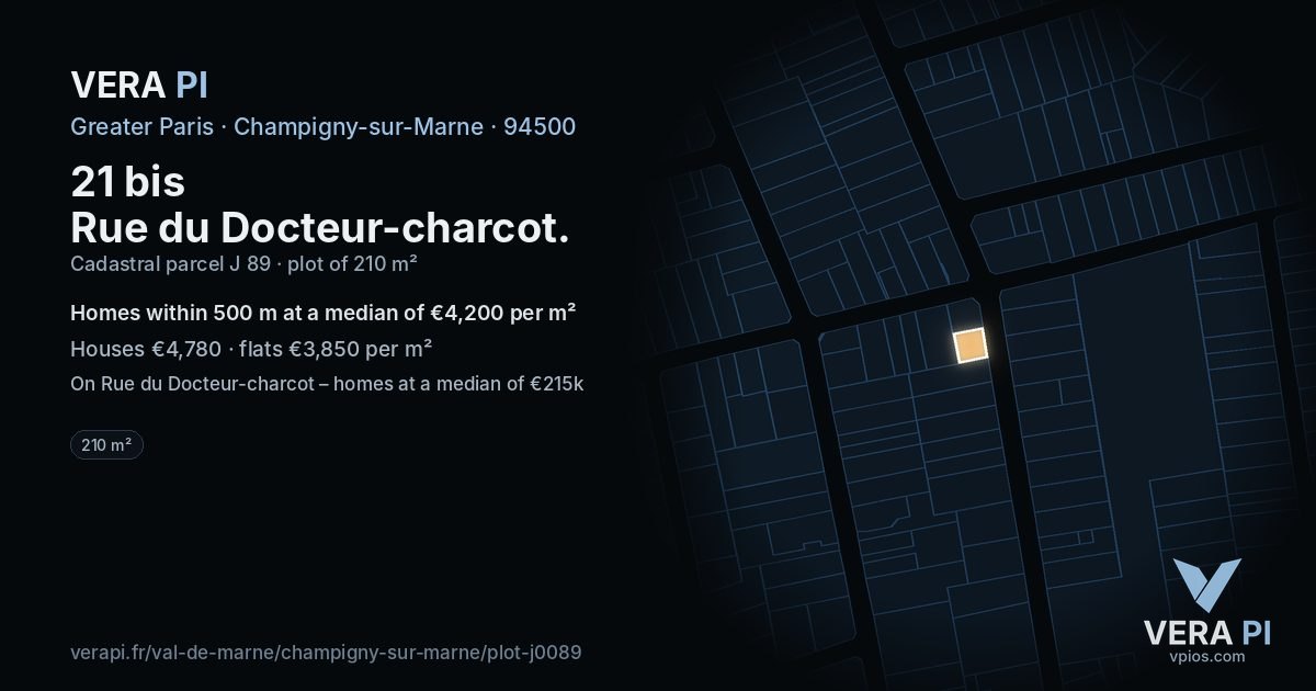 21 bis Rue du Docteur-charcot, Champigny-sur-Marne at night – the plot lit, the parcels around coloured by the prices near them