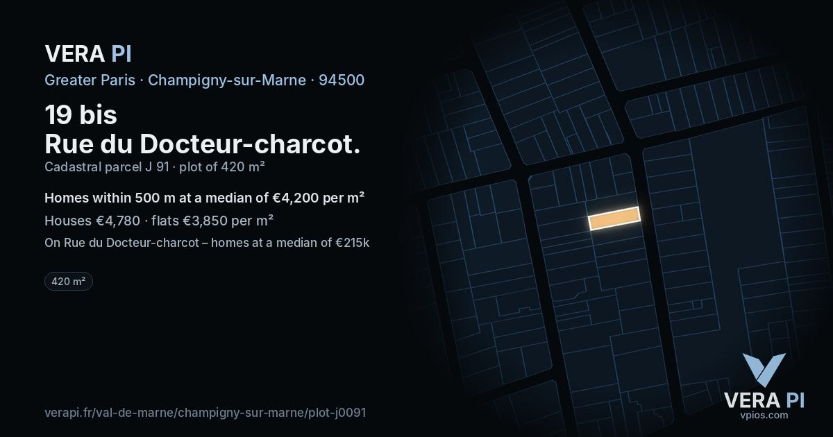 19 bis Rue du Docteur-charcot, Champigny-sur-Marne at night – the plot lit, the parcels around coloured by the prices near them