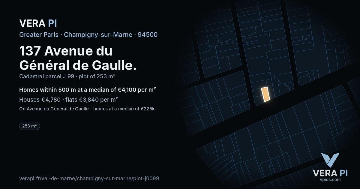 137 Avenue du Général de Gaulle, Champigny-sur-Marne at night – the plot lit, the parcels around coloured by the prices near them