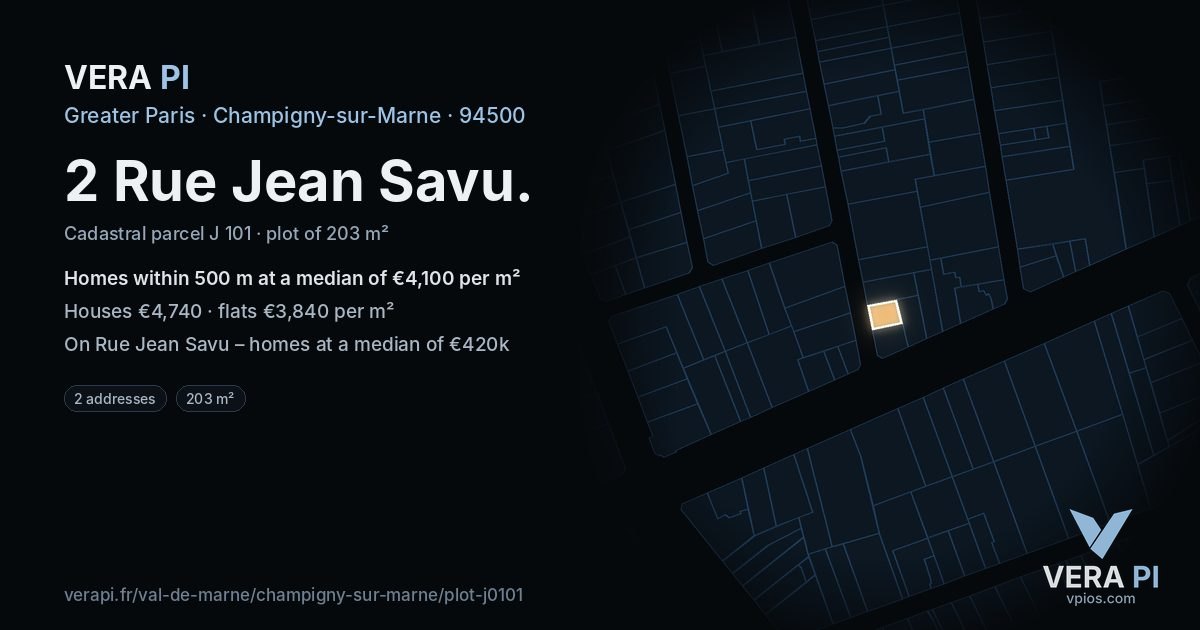 2 Rue Jean Savu, Champigny-sur-Marne at night – the plot lit, the parcels around coloured by the prices near them
