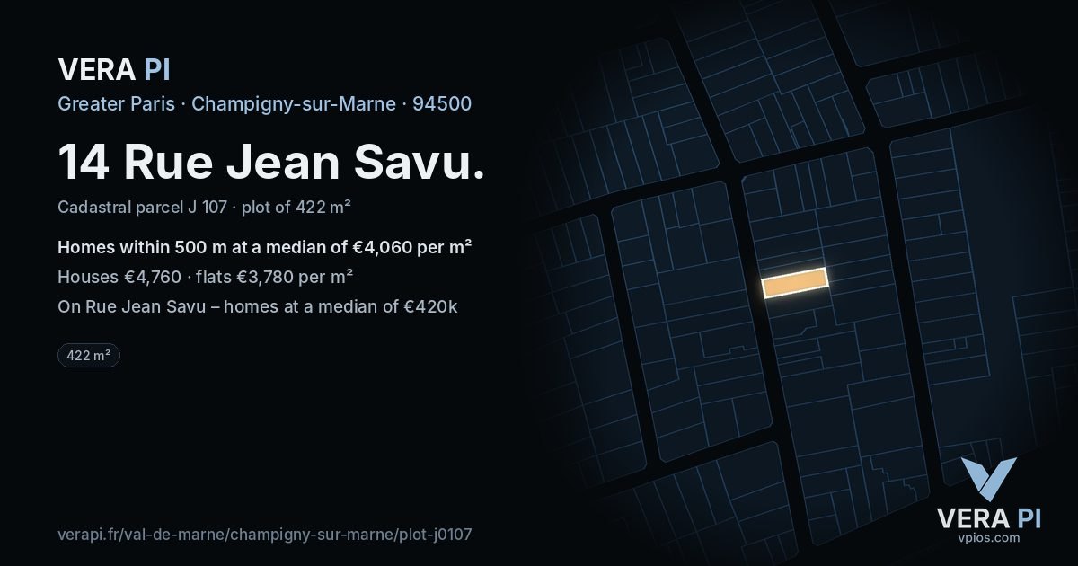 14 Rue Jean Savu, Champigny-sur-Marne at night – the plot lit, the parcels around coloured by the prices near them