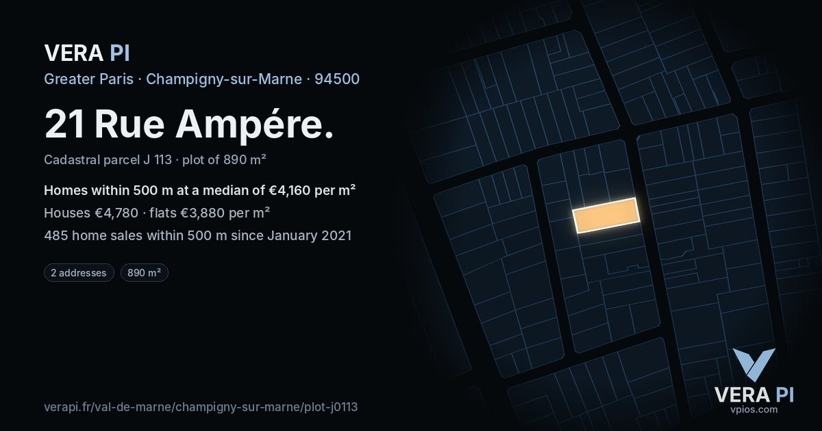 21 Rue Ampére, Champigny-sur-Marne at night – the plot lit, the parcels around coloured by the prices near them