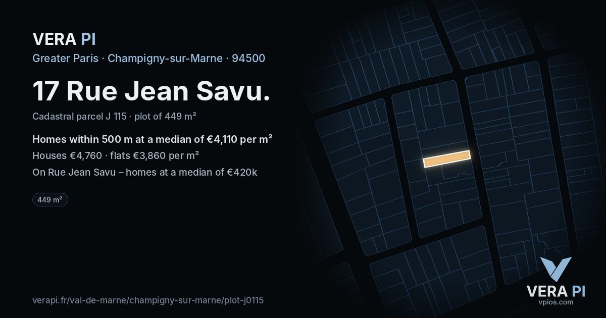 17 Rue Jean Savu, Champigny-sur-Marne at night – the plot lit, the parcels around coloured by the prices near them