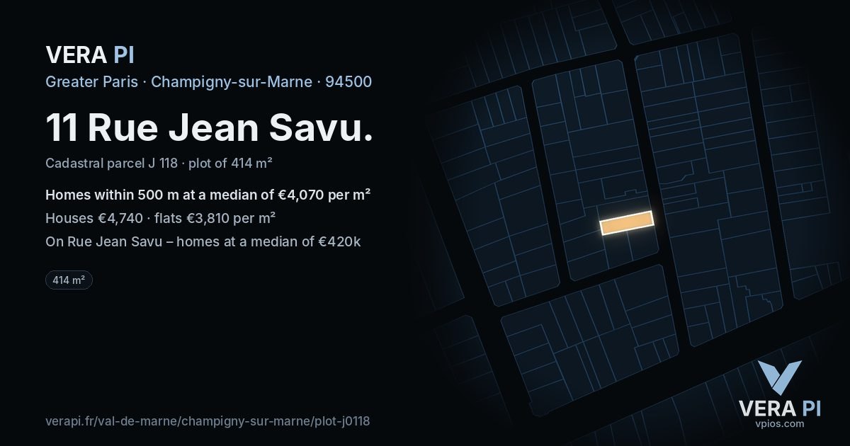11 Rue Jean Savu, Champigny-sur-Marne at night – the plot lit, the parcels around coloured by the prices near them