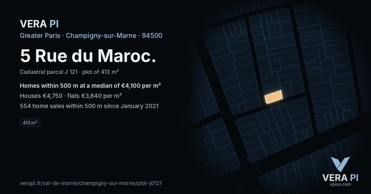 5 Rue du Maroc, Champigny-sur-Marne at night – the plot lit, the parcels around coloured by the prices near them