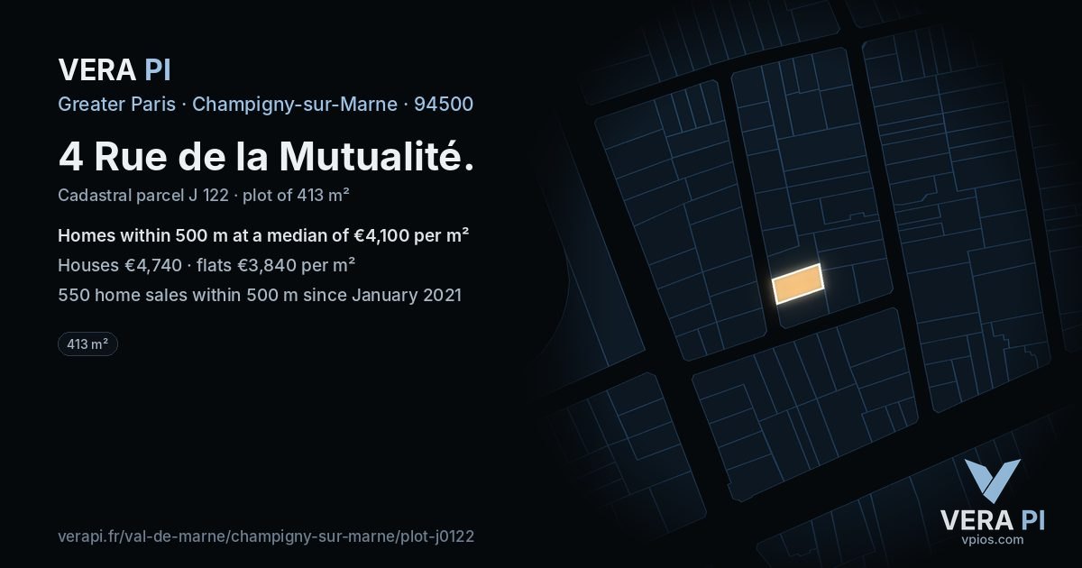 4 Rue de la Mutualité, Champigny-sur-Marne at night – the plot lit, the parcels around coloured by the prices near them