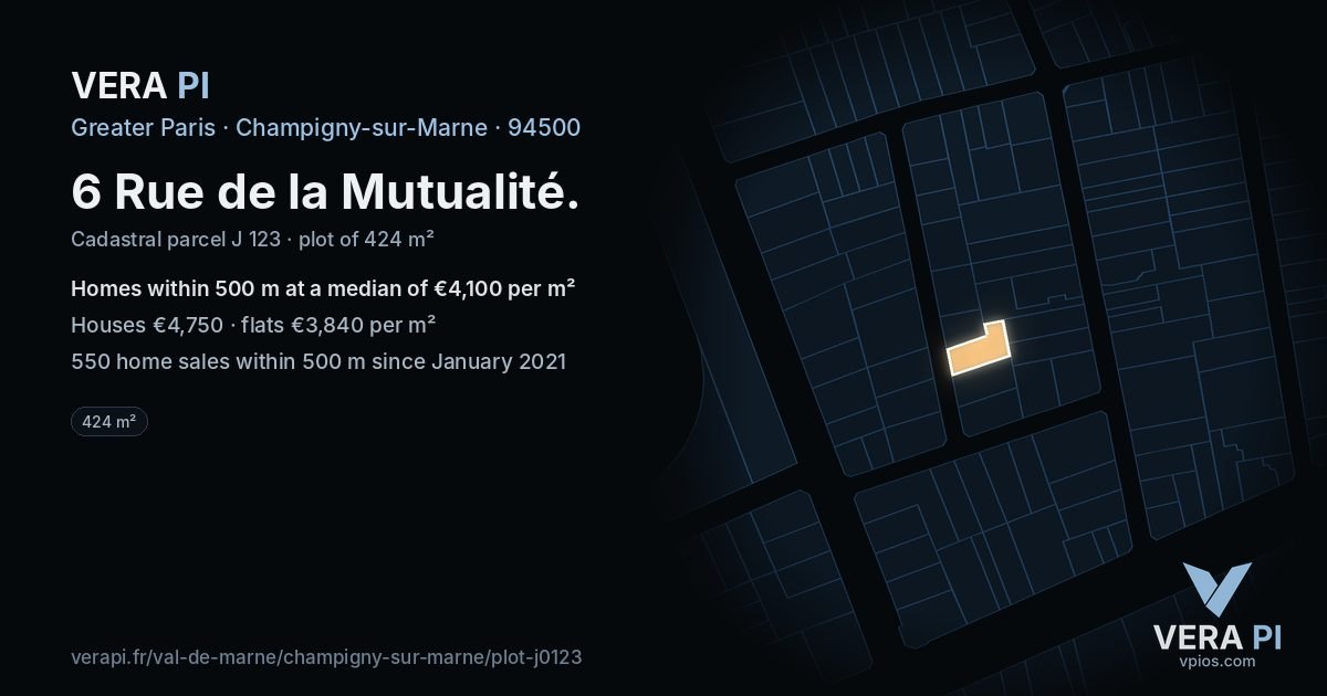 6 Rue de la Mutualité, Champigny-sur-Marne at night – the plot lit, the parcels around coloured by the prices near them