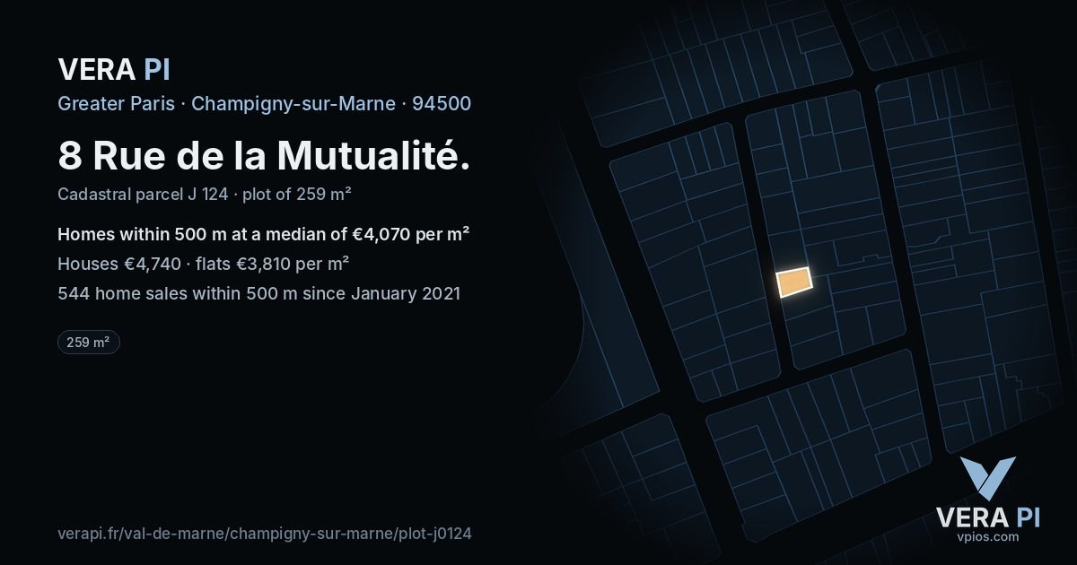 8 Rue de la Mutualité, Champigny-sur-Marne at night – the plot lit, the parcels around coloured by the prices near them