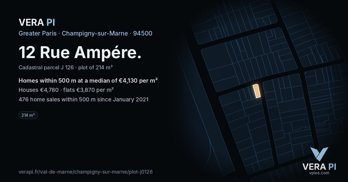 12 Rue Ampére, Champigny-sur-Marne at night – the plot lit, the parcels around coloured by the prices near them